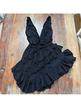 CHIO Di Stefania D Italy Black Pom Pom Asymmetrical Ruffle Mini Dress M Luxury